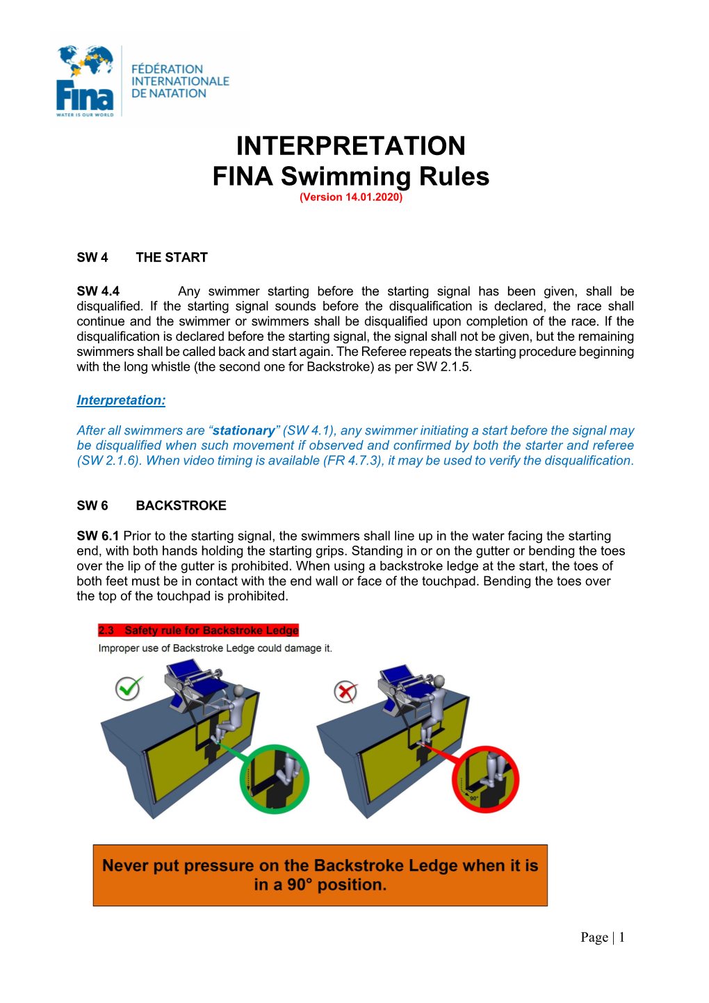 INTERPRETATION FINA Swimming Rules (Version 14.01.2020)