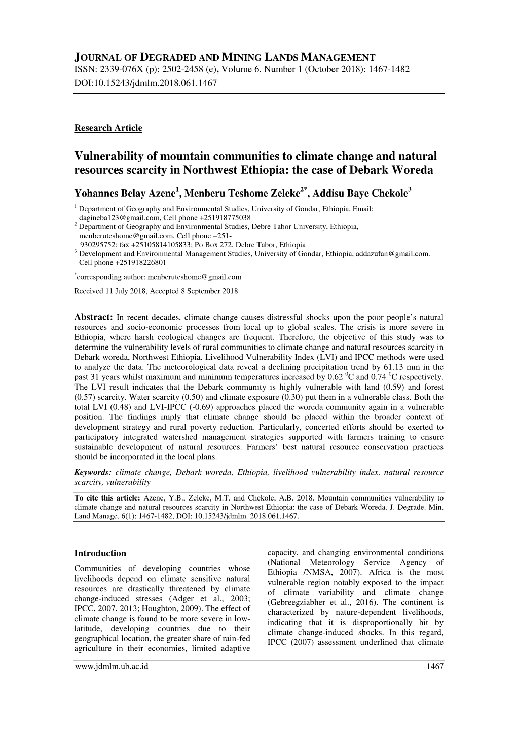 Vulnerability of Mountain Communities to Climate Change and Natural Resources Scarcity in Northwest Ethiopia: the Case of Debark Woreda