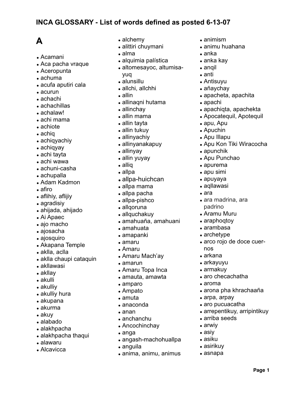 INCA GLOSSARY - List of Words Defined As Posted 6-13-07