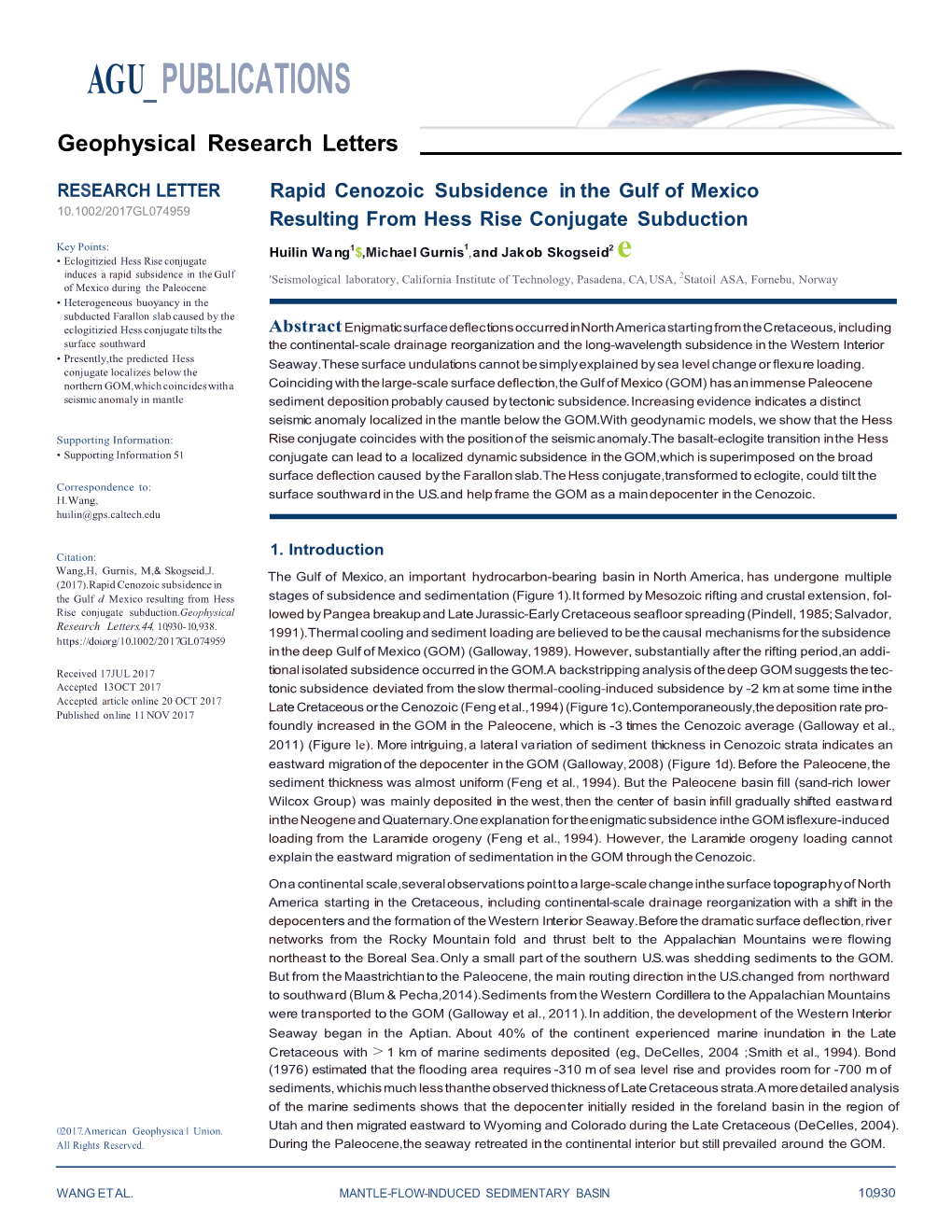 Rapid Cenozoic Subsidence in the Gulf of Mexico Resulting from Hess Rise Conjugate Subduction