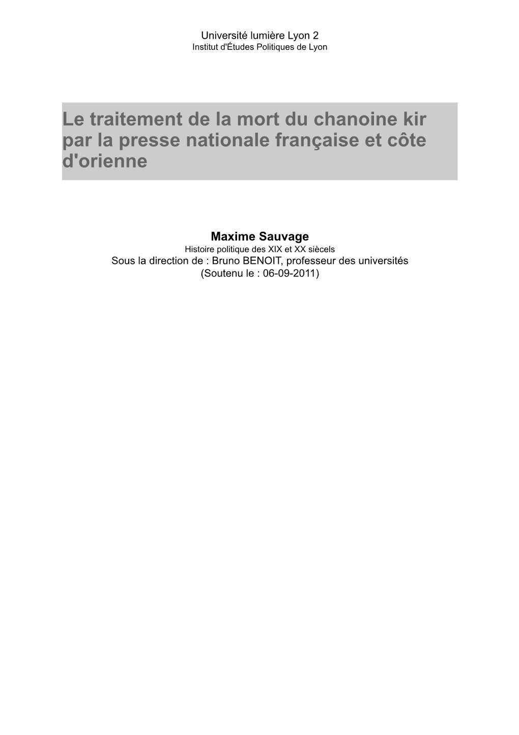 Le Traitement De La Mort Du Chanoine Kir Par La Presse Nationale Française Et Côte D'orienne