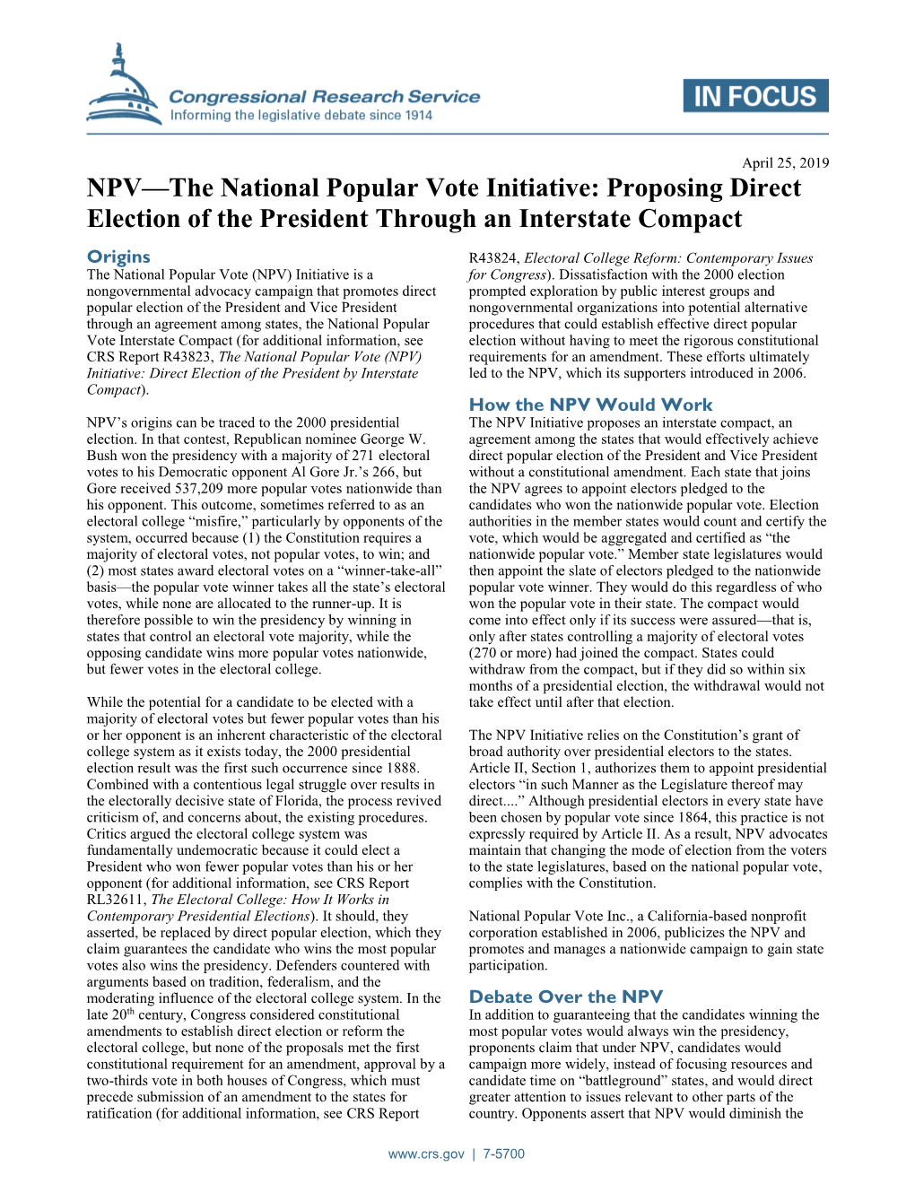 NPV—The National Popular Vote Initiative: Proposing Direct Election of the President Through an Interstate Compact