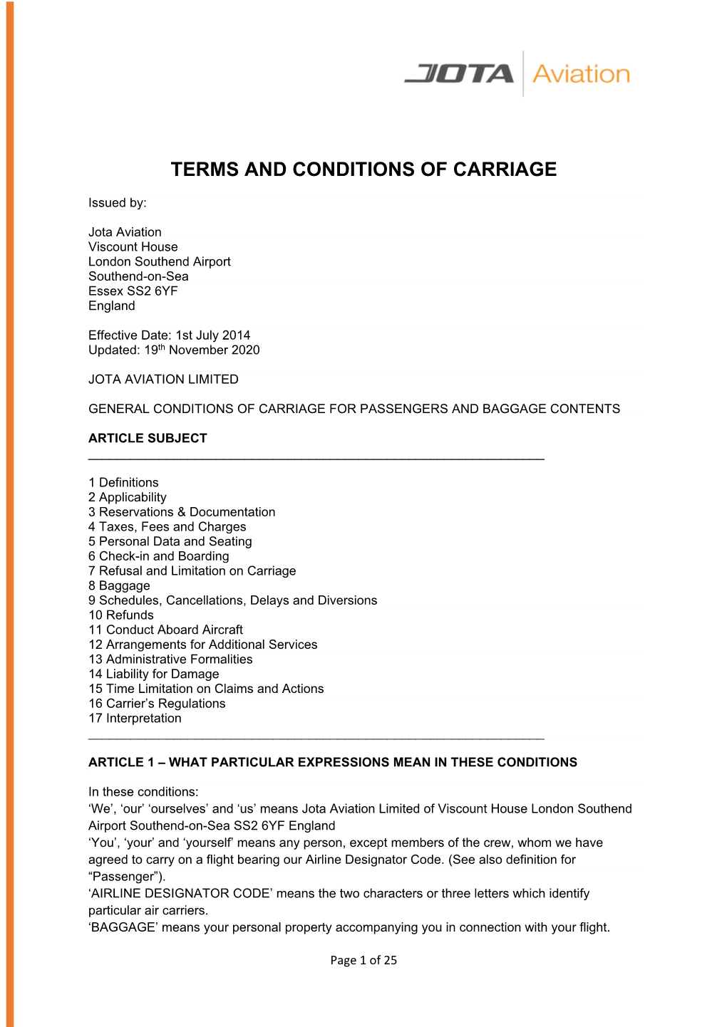 Terms and Conditions of Carriage