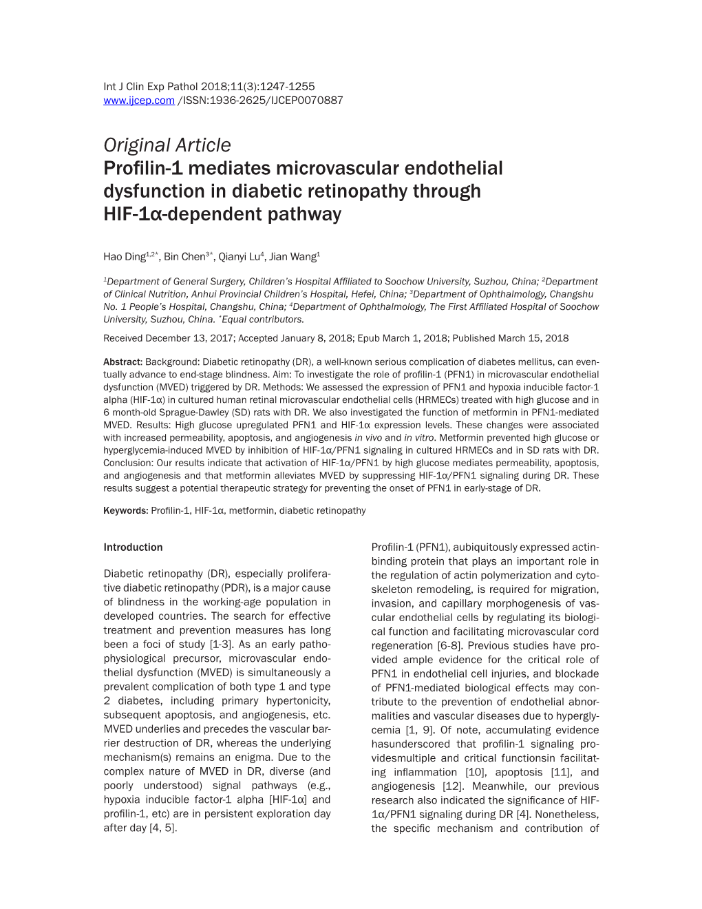 Original Article Profilin-1 Mediates Microvascular Endothelial Dysfunction in Diabetic Retinopathy Through HIF-1Α-Dependent Pathway