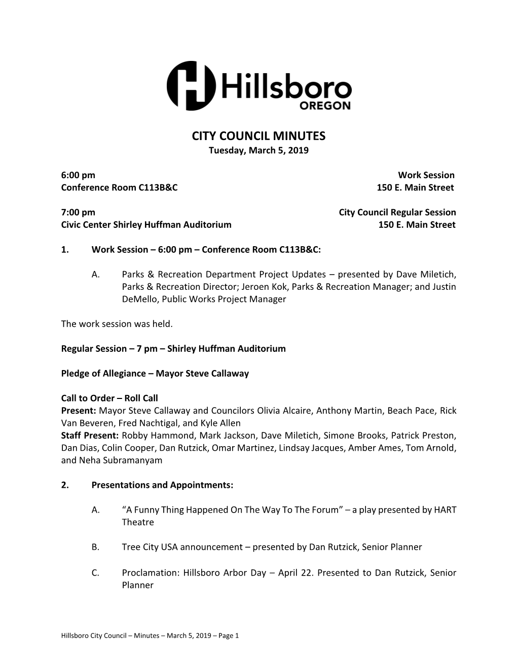 CITY COUNCIL MINUTES Tuesday, March 5, 2019