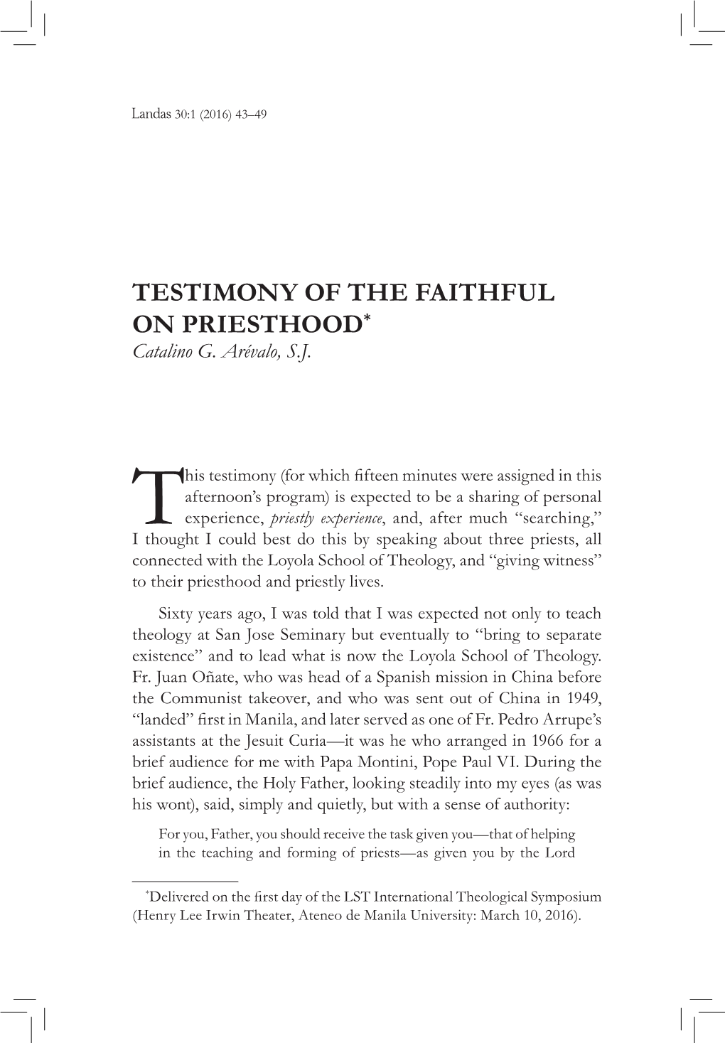 TESTIMONY of the FAITHFUL on PRIESTHOOD* Catalino G