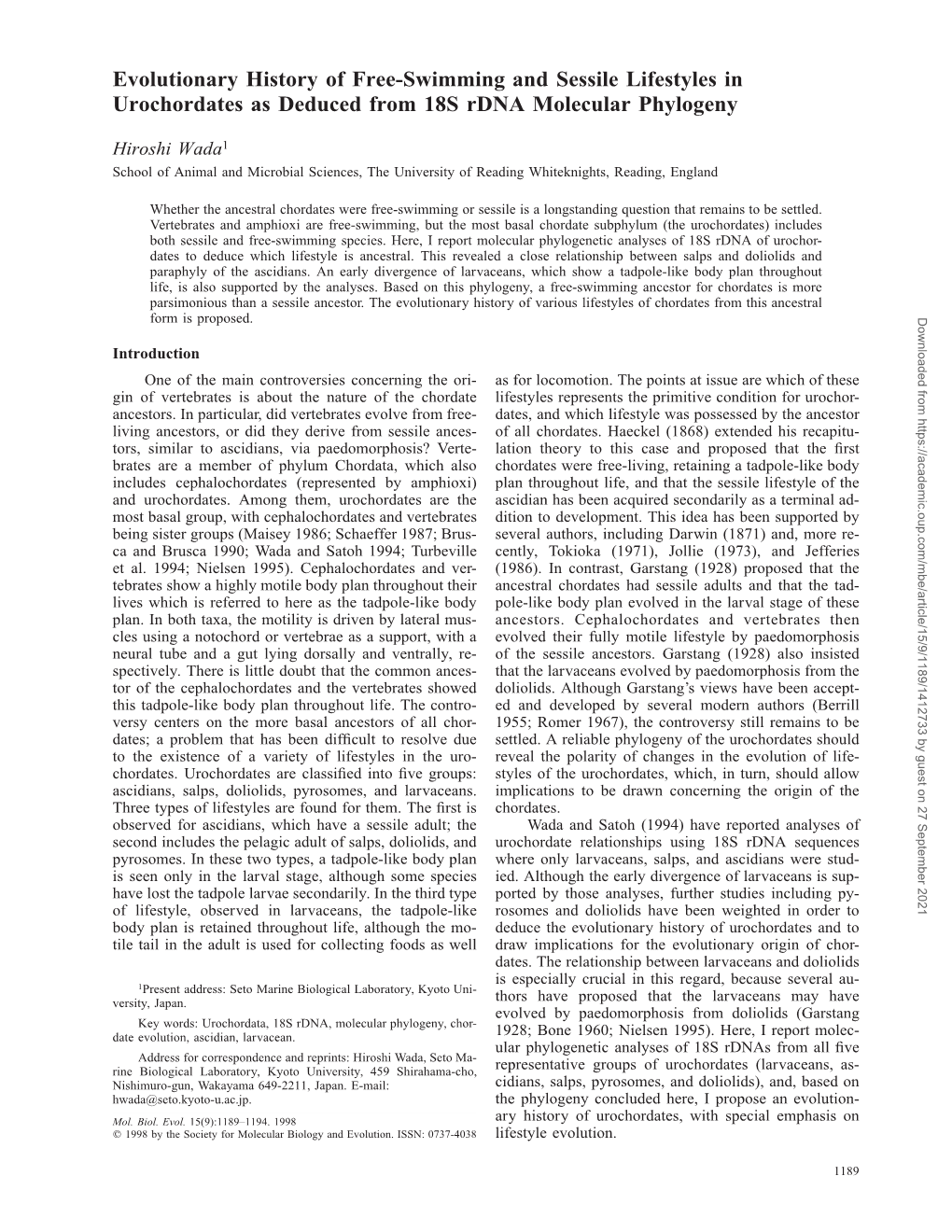 Evolutionary History of Free-Swimming and Sessile Lifestyles in Urochordates As Deduced from 18S Rdna Molecular Phylogeny