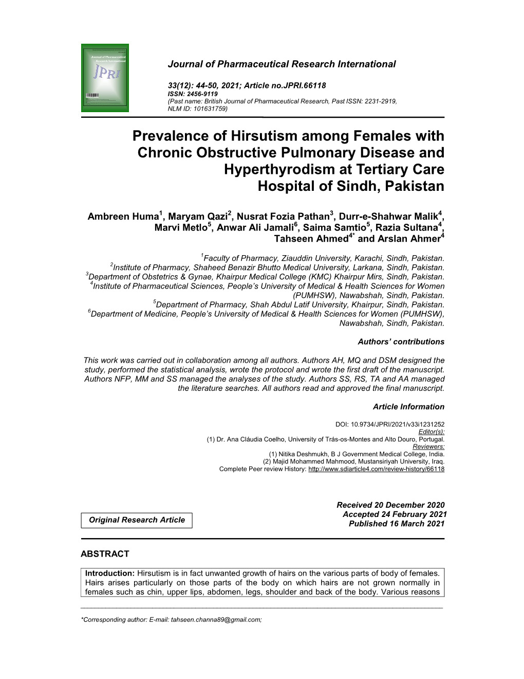 Prevalence of Hirsutism Among Females with Chronic Obstructive Pulmonary Disease and Hyperthyrodism at Tertiary Care Hospital of Sindh, Pakistan