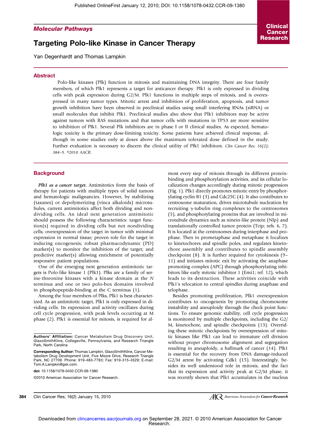 Targeting Polo-Like Kinase in Cancer Therapy