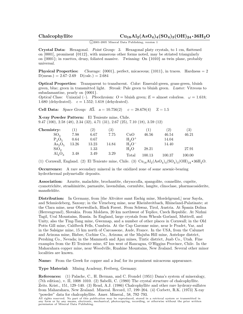 Chalcophyllite Cu18al2(Aso4)4(SO4)3(OH)24 • 36H2O C 2001-2005 Mineral Data Publishing, Version 1