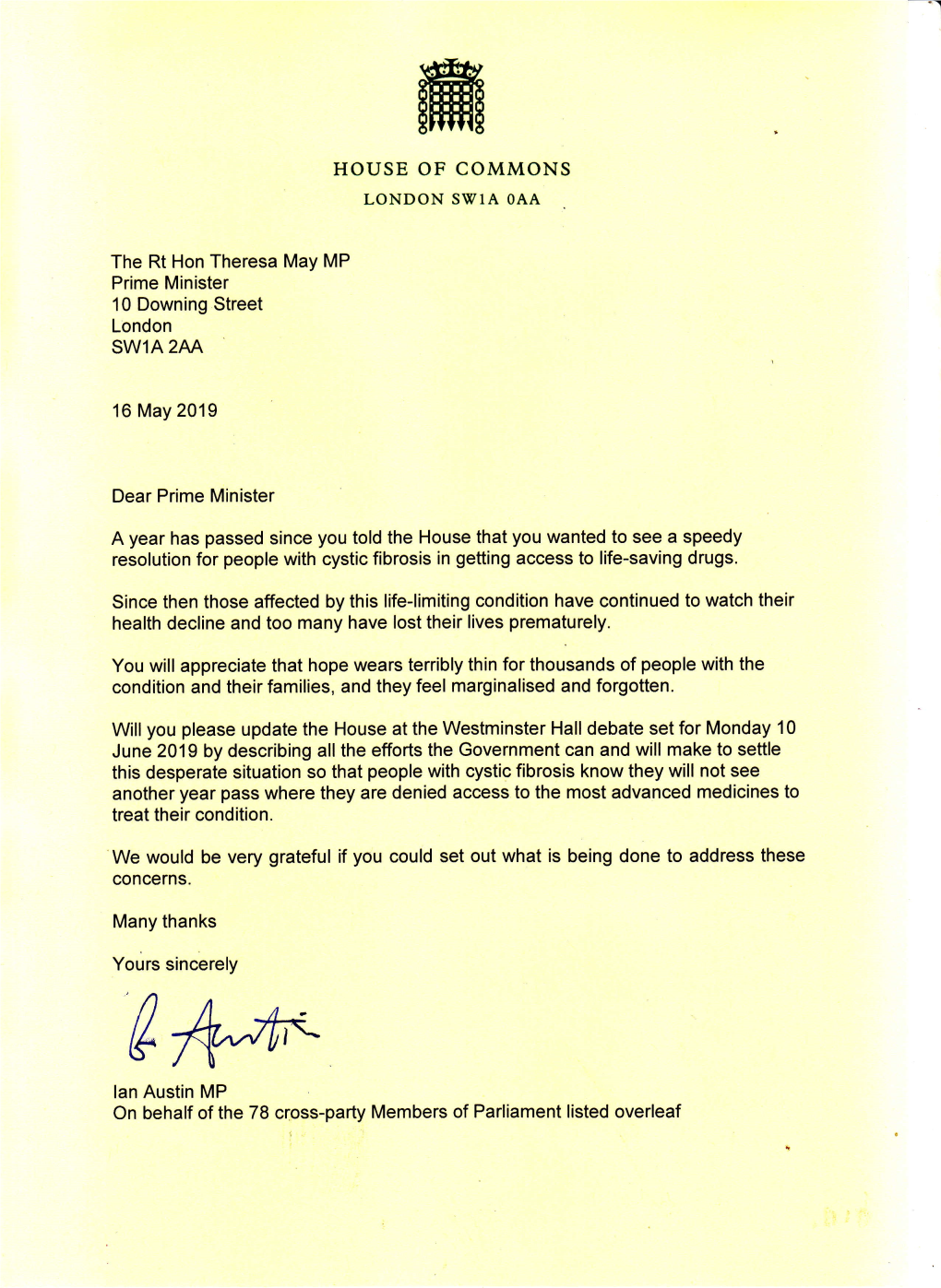 Letter from Ian Austin MP to Prime Minister