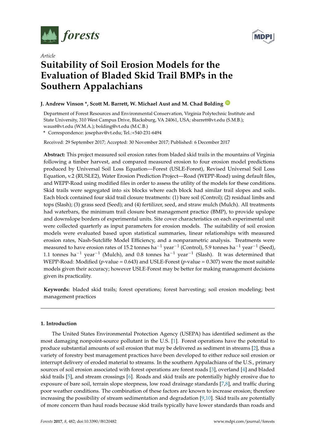 Suitability of Soil Erosion Models for the Evaluation of Bladed Skid Trail Bmps in the Southern Appalachians