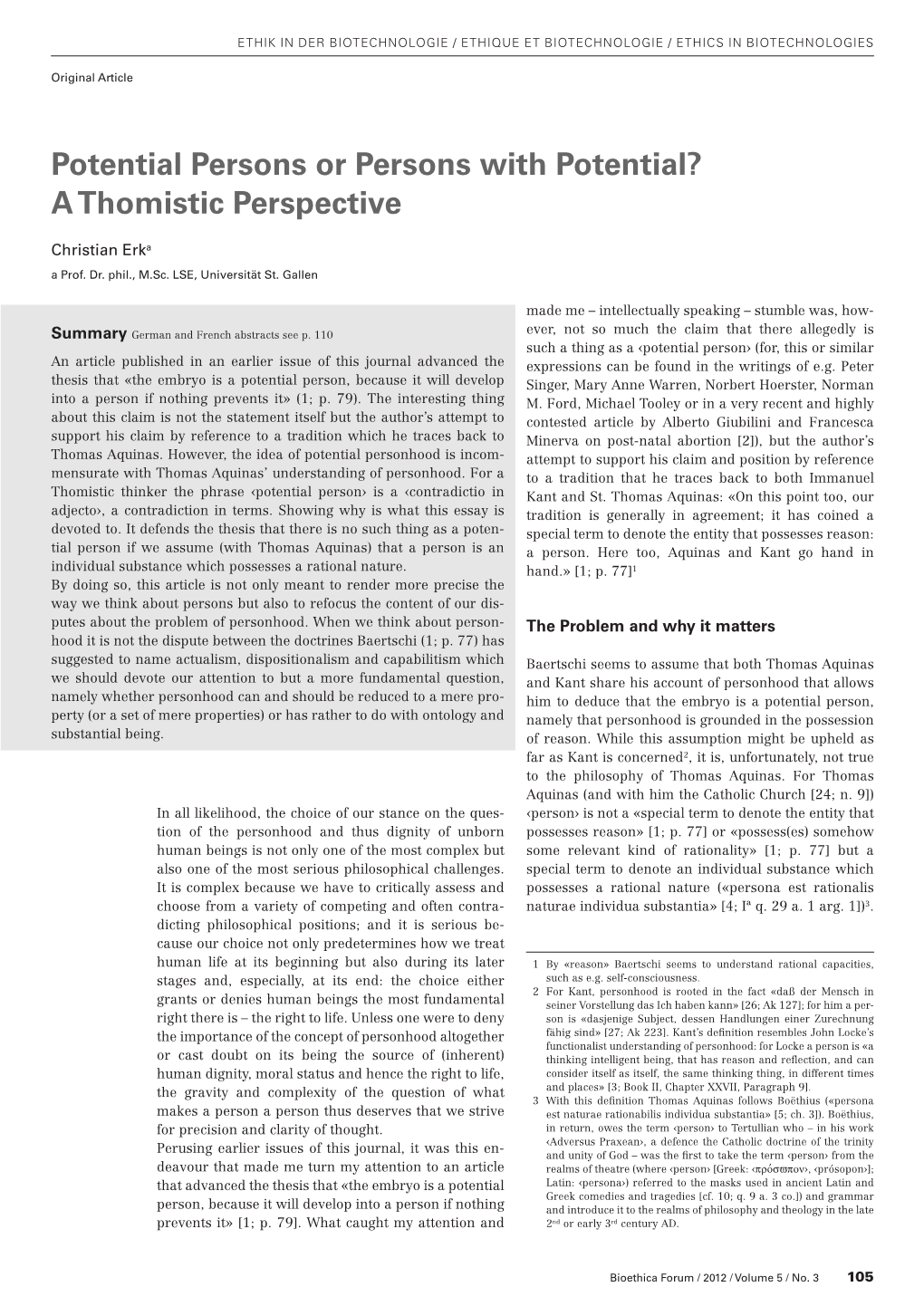 Potential Persons Or Persons with Potential? a Thomistic Perspective