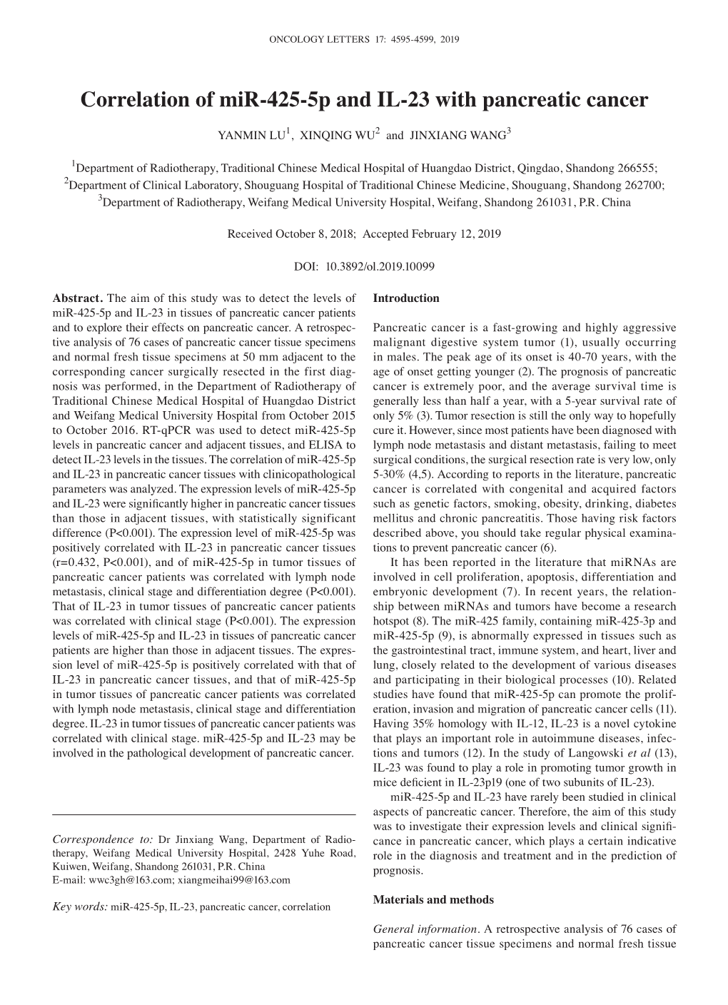 Correlation of Mir-425-5P and IL-23 with Pancreatic Cancer