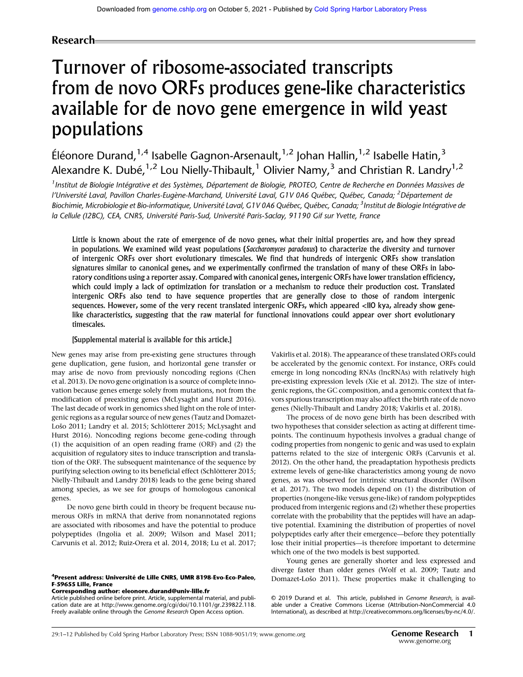 Turnover of Ribosome-Associated Transcripts from De Novo Orfs Produces Gene-Like Characteristics Available for De Novo Gene Emergence in Wild Yeast Populations