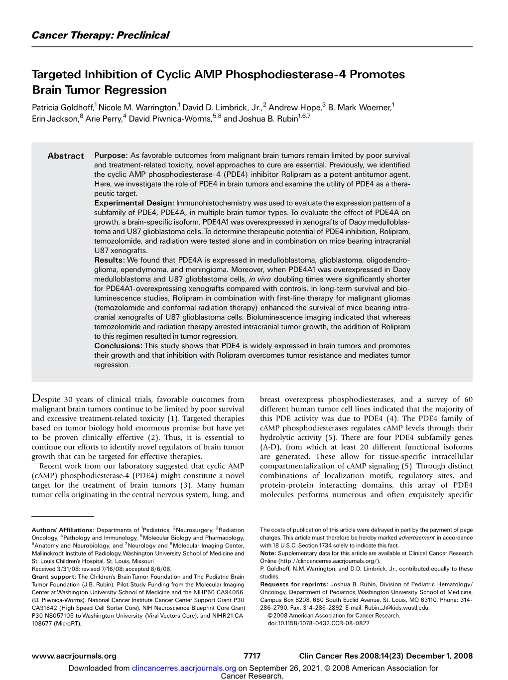 Targeted Inhibition of Cyclic AMP Phosphodiesterase-4 Promotes Brain Tumor Regression Patricia Goldhoff,1Nicole M