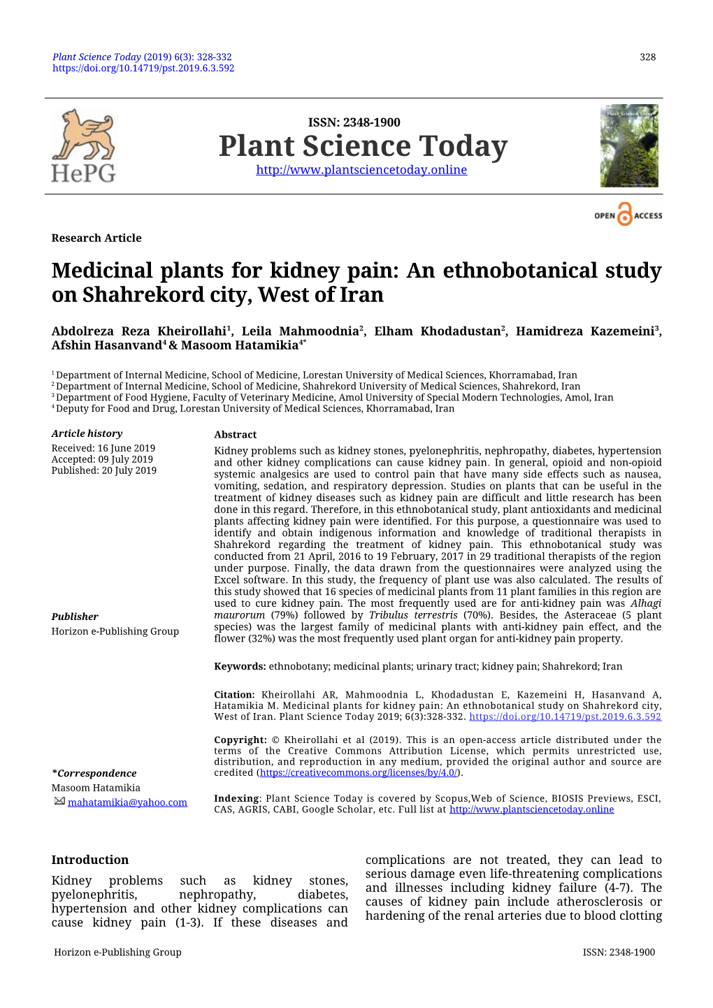Medicinal Plants for Kidney Pain: an Ethnobotanical Study on Shahrekord City, West of Iran