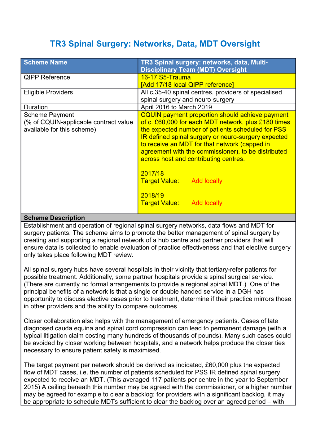 TR3 Spinal Surgery: Networks, Data, MDT Oversight