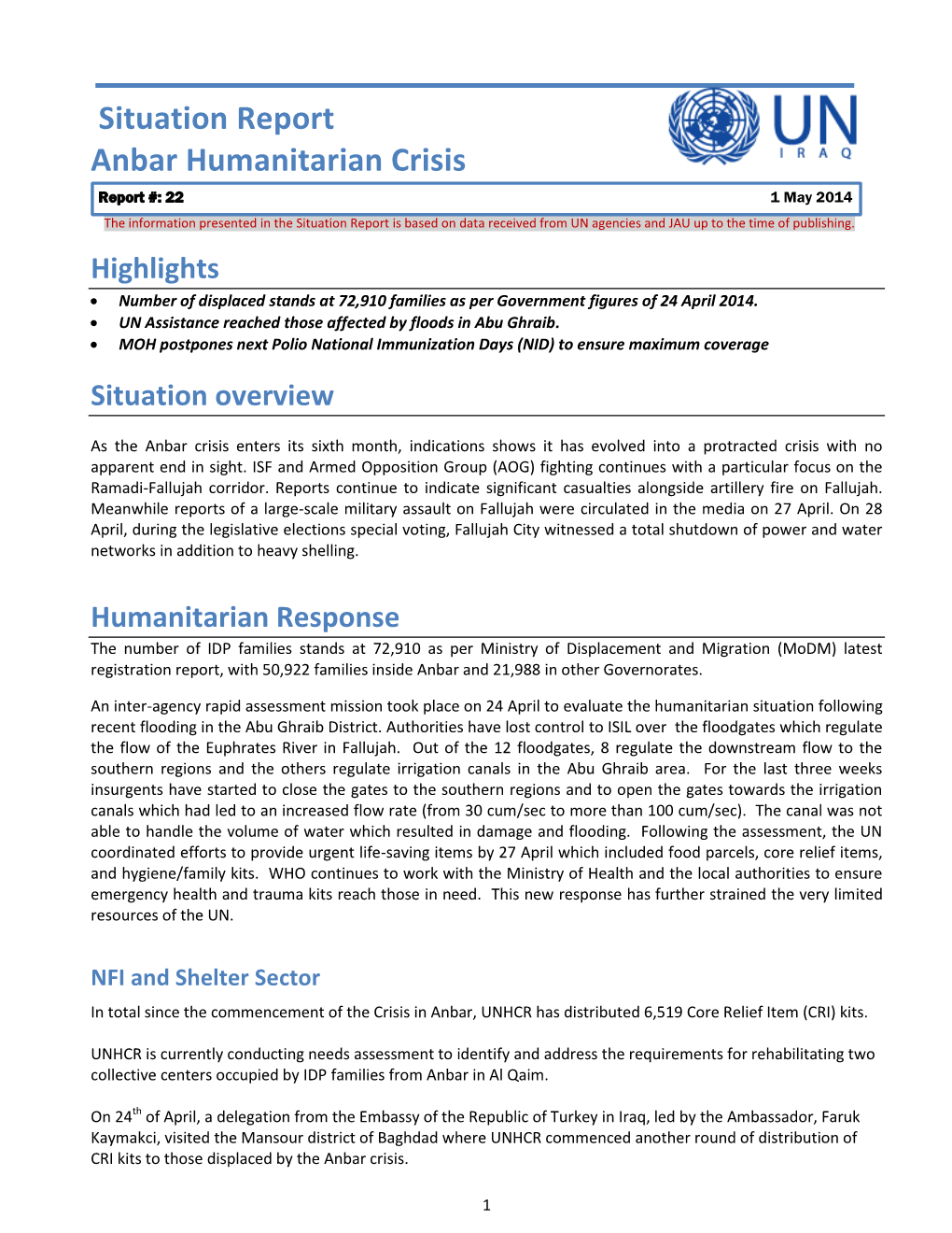 Situation Report Anbar Humanitarian Crisis Report #: 22 1 May 2014
