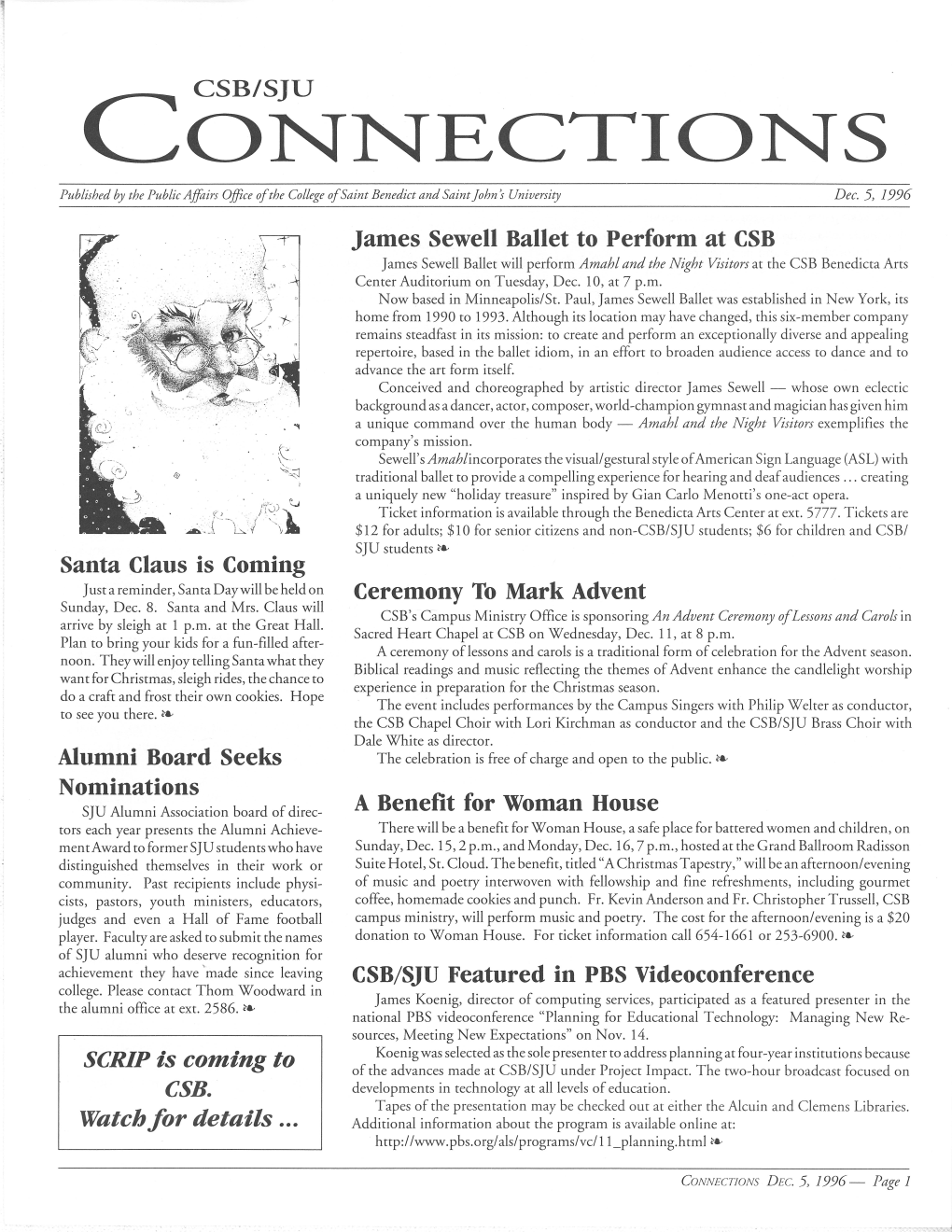 CONNECTIONS Published by the Public Affairs Office Ofthe College Ofsaint Benedict and Saint John 5 University Dec.5,1996