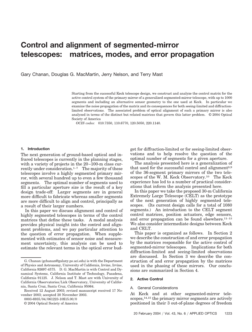 Control and Alignment of Segmented-Mirror Telescopes: Matrices, Modes, and Error Propagation