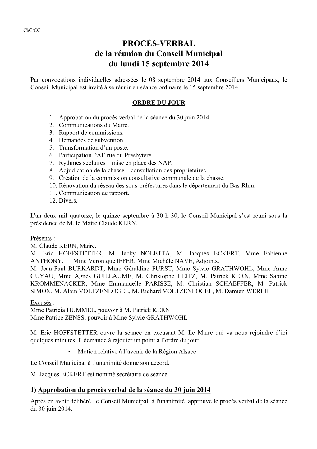 PROCÈS-VERBAL De La Réunion Du Conseil Municipal Du Lundi 15 Septembre 2014