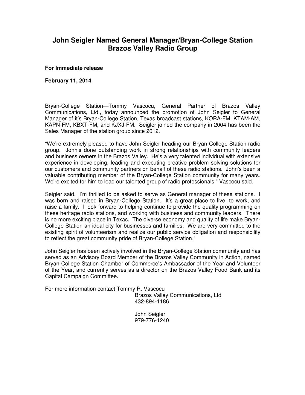 John Seigler Named General Manager/Bryan-College Station Brazos Valley Radio Group