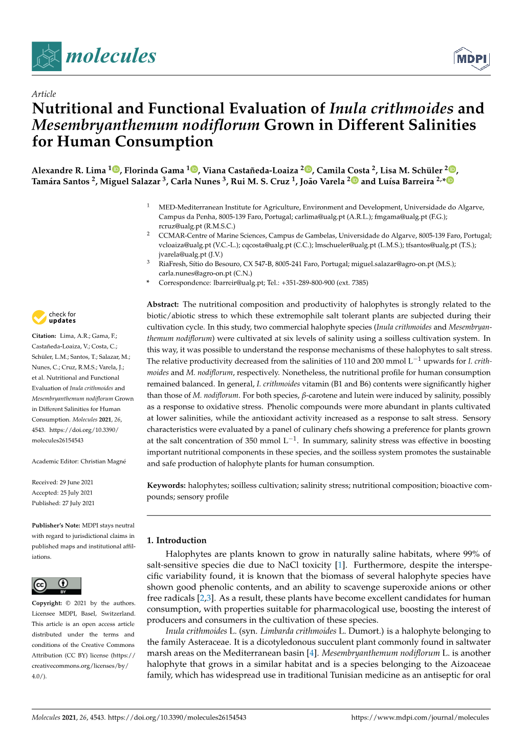 Nutritional and Functional Evaluation of Inula Crithmoides and Mesembryanthemum Nodiﬂorum Grown in Different Salinities for Human Consumption