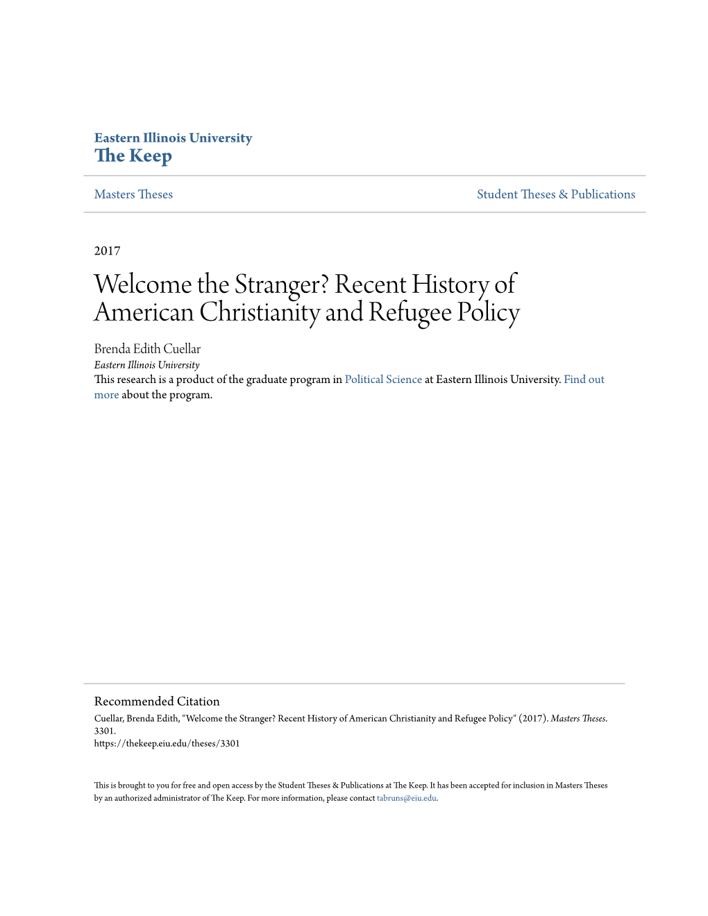 The Stranger? Recent History of American Christianity and Refugee