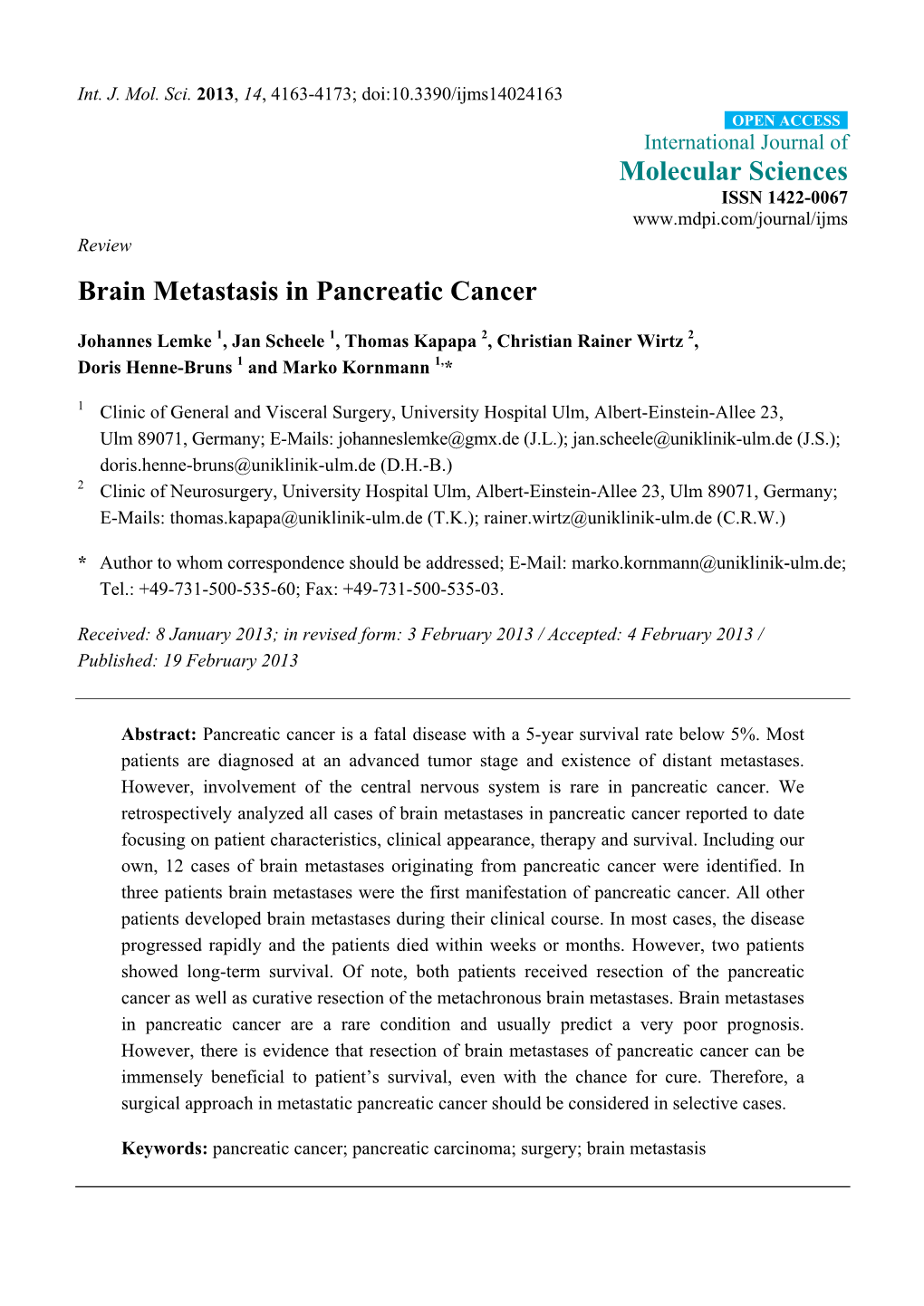 Brain Metastasis in Pancreatic Cancer
