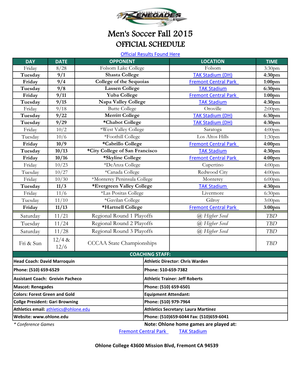 Men's Soccer 2015 Schedule