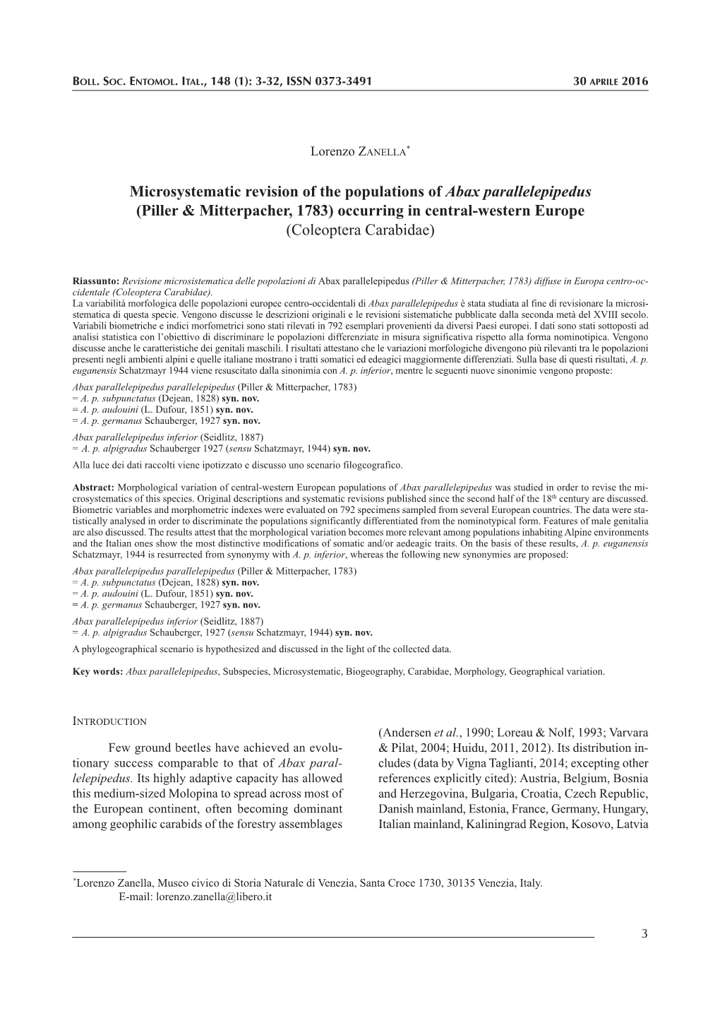 Microsystematic Revision of the Populations of Abax Parallelepipedus (Piller & Mitterpacher, 1783) Occurring in Central-Western Europe (Coleoptera Carabidae)