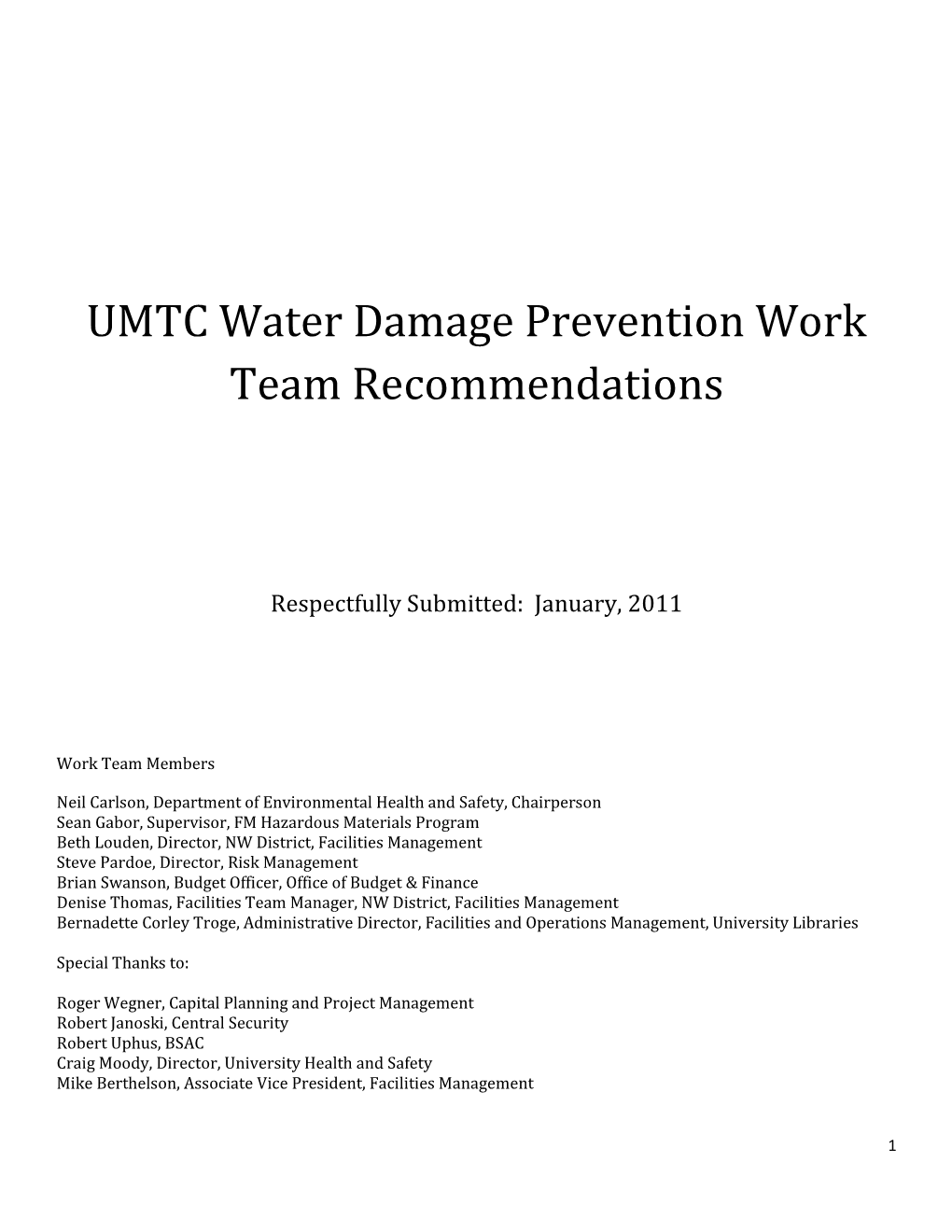UMTC Water Damage Prevention Work Team Recommendations