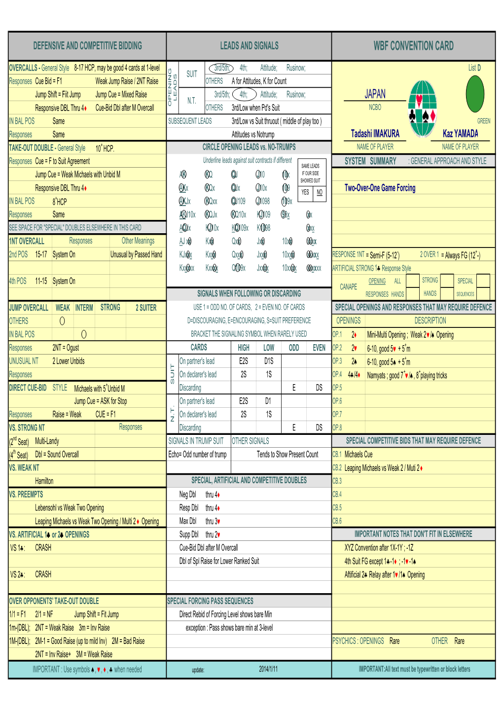 Wbf Convention Card Japan