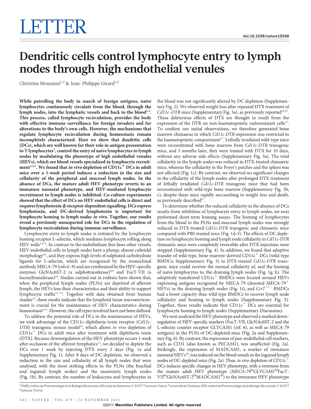 Dendritic Cells Control Lymphocyte Entry to Lymph Nodes Through High Endothelial Venules