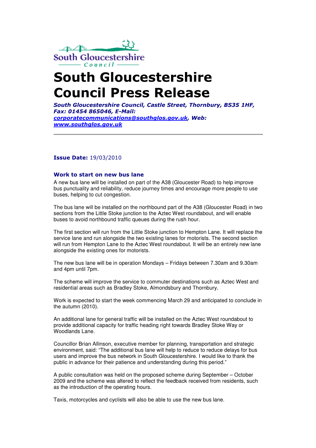 South Gloucestershire Council Press Release