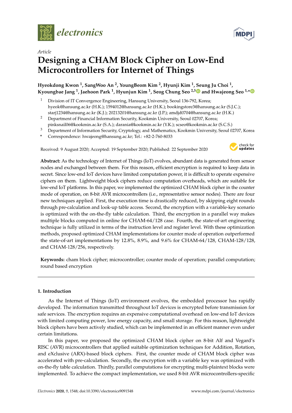 Designing a CHAM Block Cipher on Low-End Microcontrollers for Internet of Things