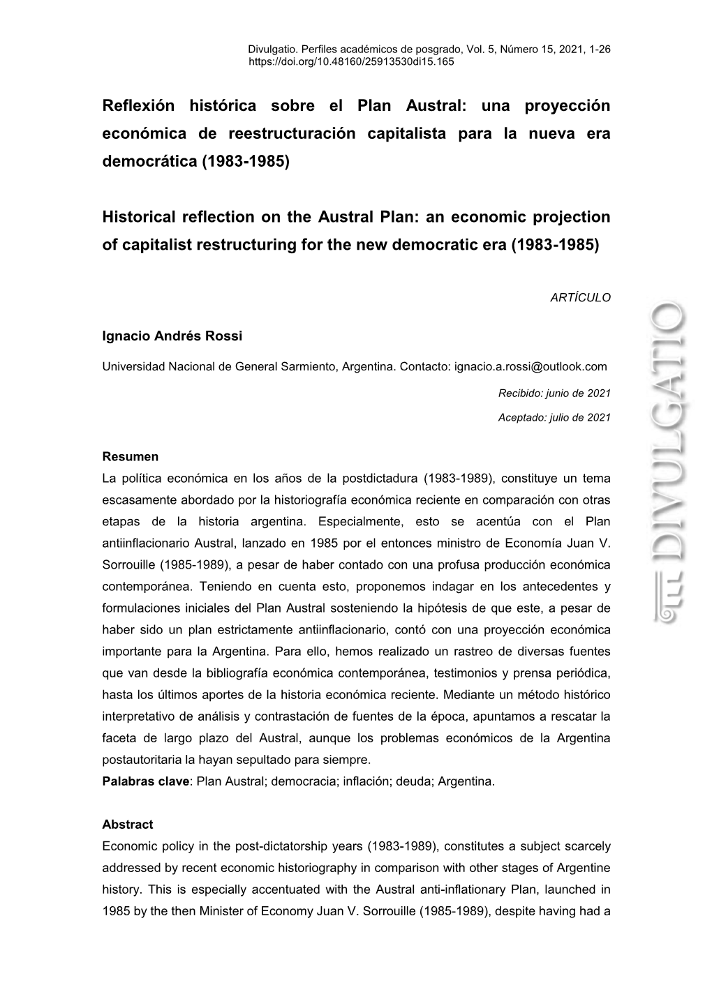 Reflexión Histórica Sobre El Plan Austral: Una Proyección Económica De Reestructuración Capitalista Para La Nueva Era Democrática (1983-1985)