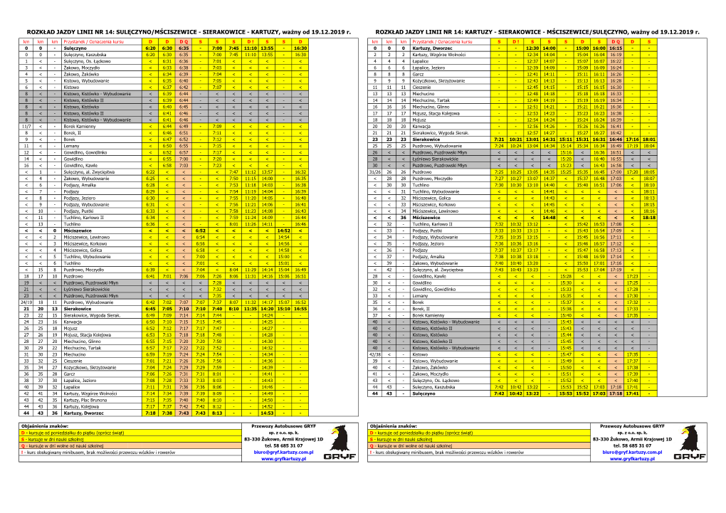 SULĘCZYNO/MŚCISZEWICE - SIERAKOWICE - KARTUZY, Ważny Od 19.12.2019 R
