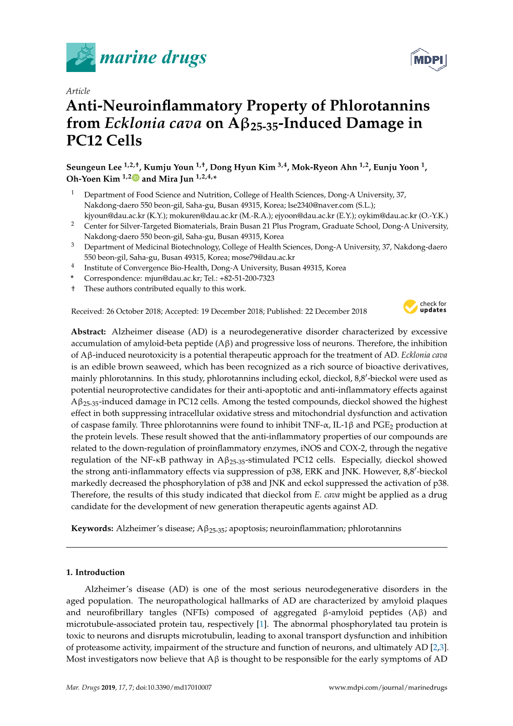 Anti-Neuroinflammatory Property of Phlorotannins from Ecklonia Cava