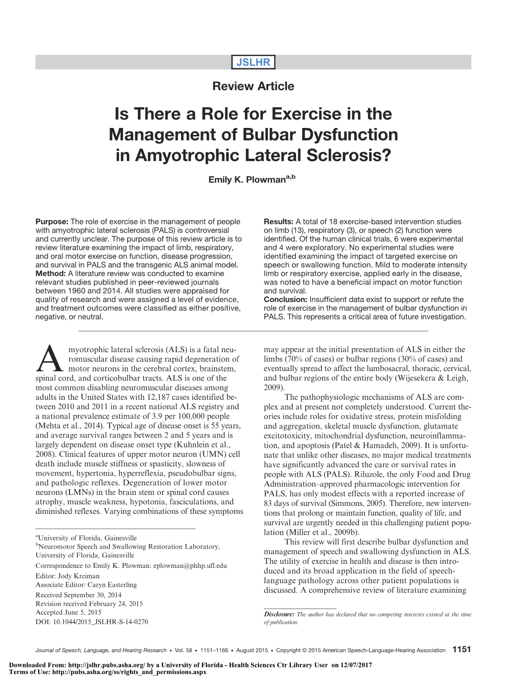 Is There a Role for Exercise in the Management of Bulbar Dysfunction in Amyotrophic Lateral Sclerosis?