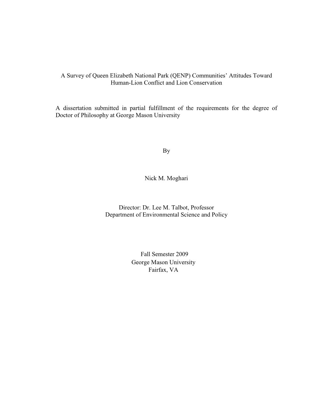 A Survey of Queen Elizabeth National Park (QENP) Communities’ Attitudes Toward Human-Lion Conflict and Lion Conservation