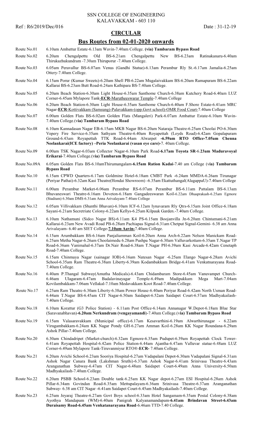 Bus Routes from 02-01-2020 Onwards