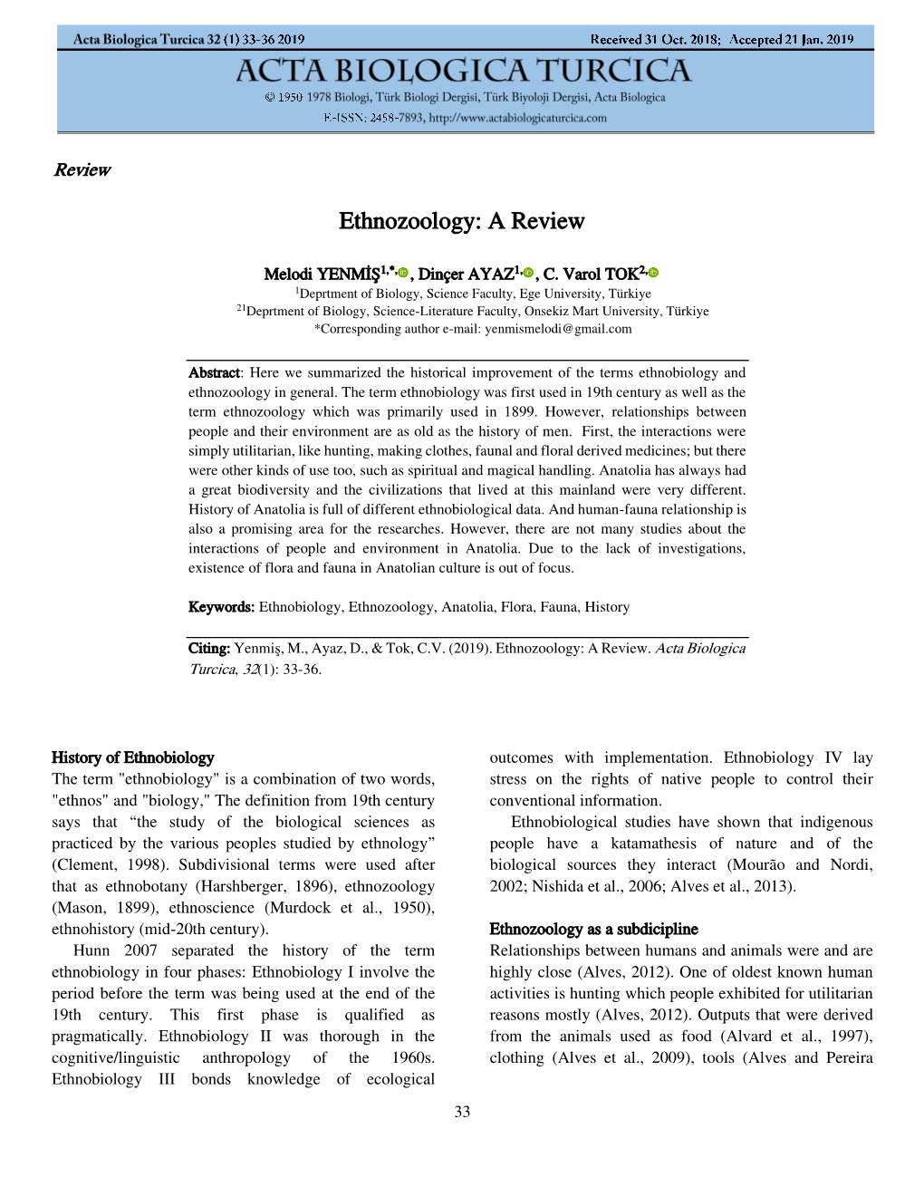 Ethnozoology: a Review