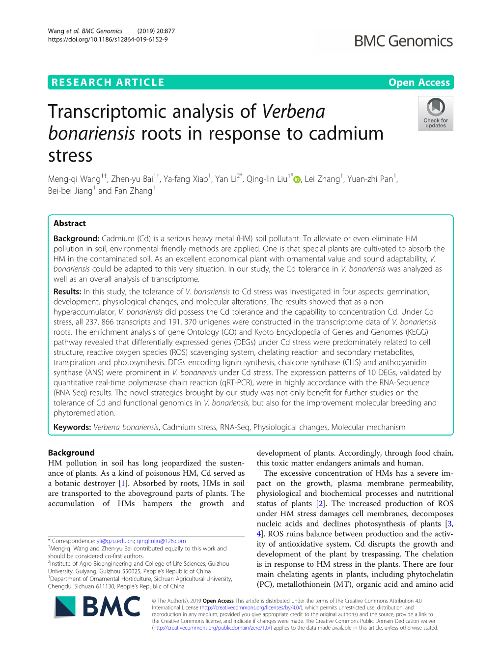 Transcriptomic Analysis of Verbena Bonariensis Roots in Response to Cadmium Stress