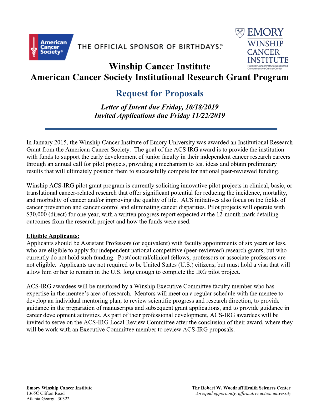 Winship Cancer Institute American Cancer Society Institutional Research Grant Program