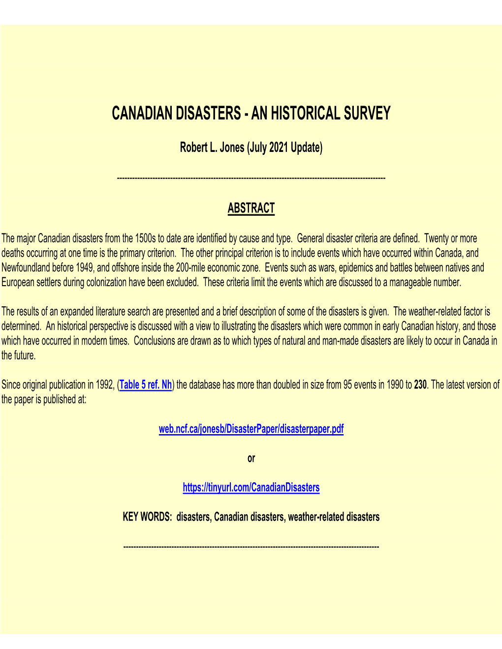 Canadian Disasters - an Historical Survey
