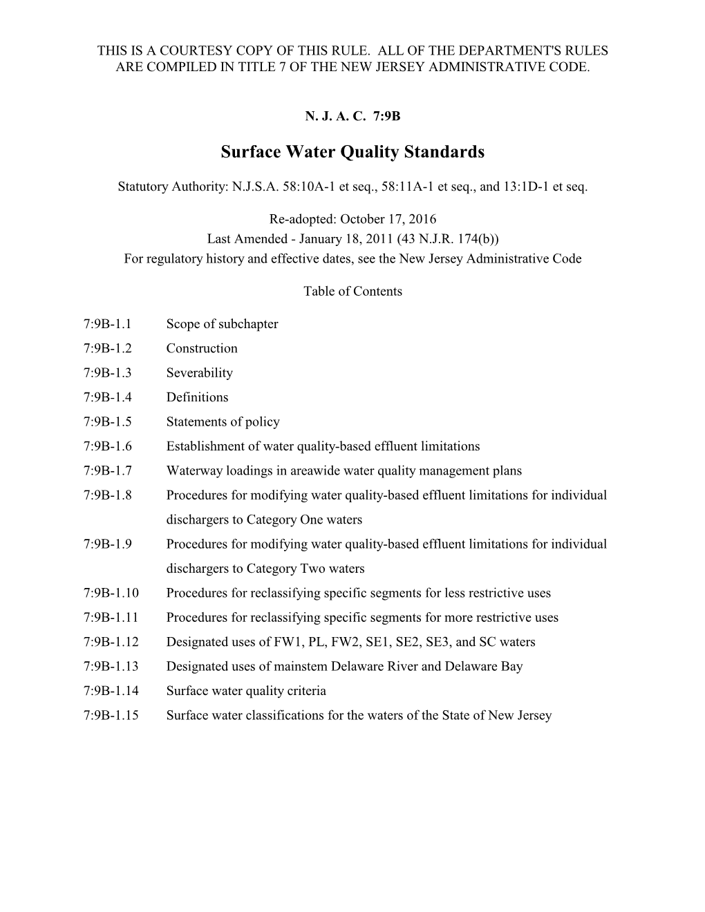 N.J.A.C. 7:9B Surface Water Quality Standards