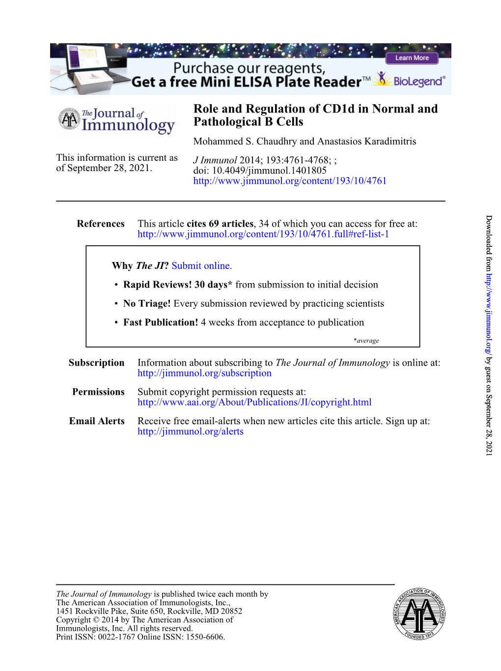 Pathological B Cells Role and Regulation of Cd1d in Normal