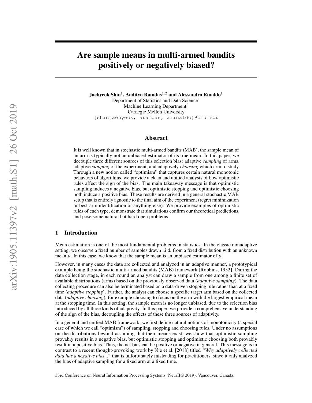 Are Sample Means in Multi-Armed Bandits Positively Or Negatively Biased?